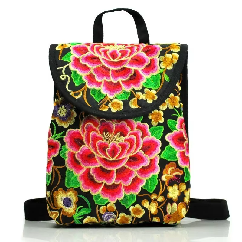 Mochila bordada étnica para mujer, mini bolso hombro multifunción lona - imagen 4