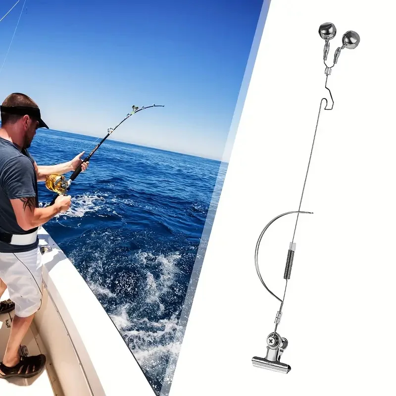 Alarma de campana de pescado en acero inoxidable mostrando su cuerpo y clip