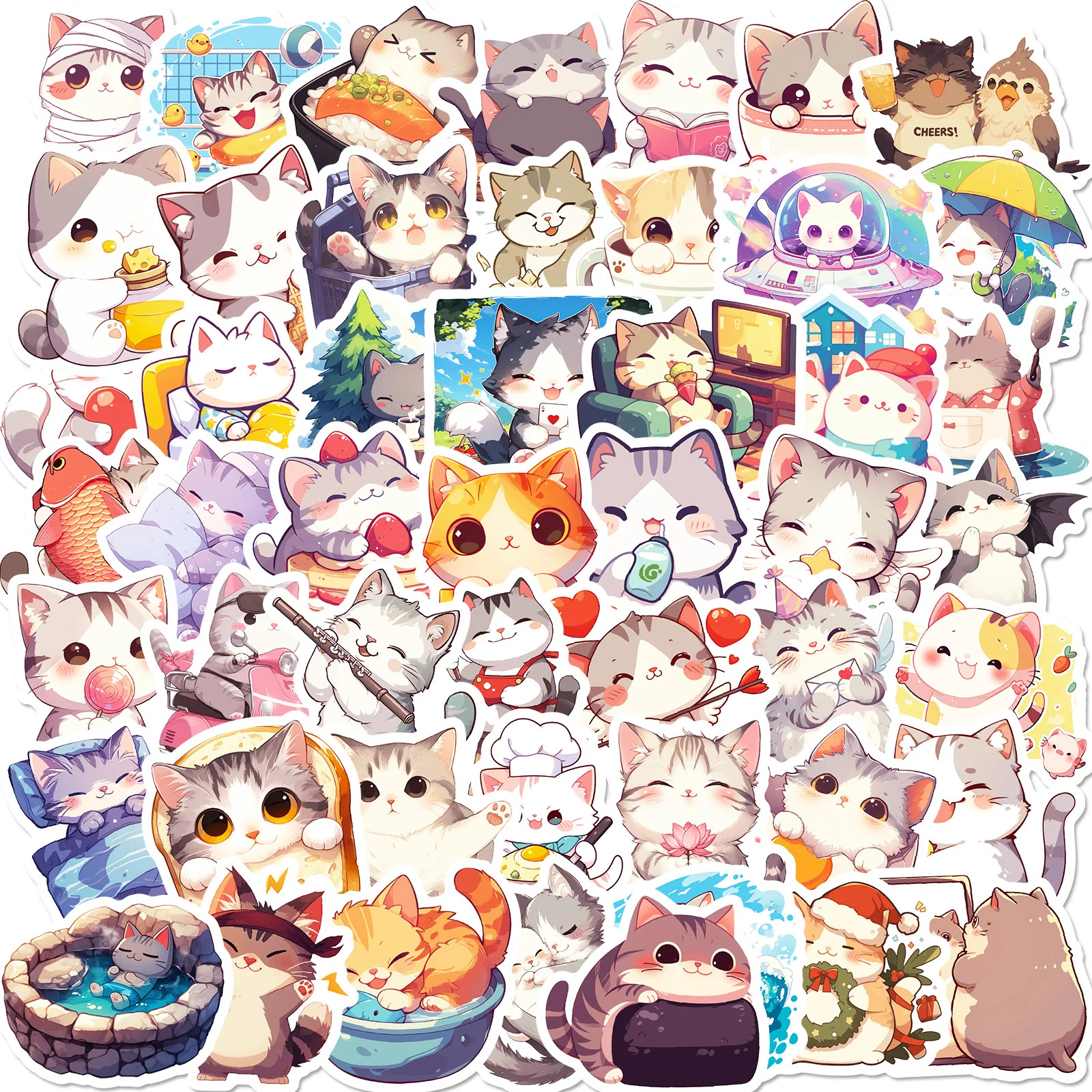 Pack de 50 pegatinas de gatos con ilustraciones de la vida cotidiana