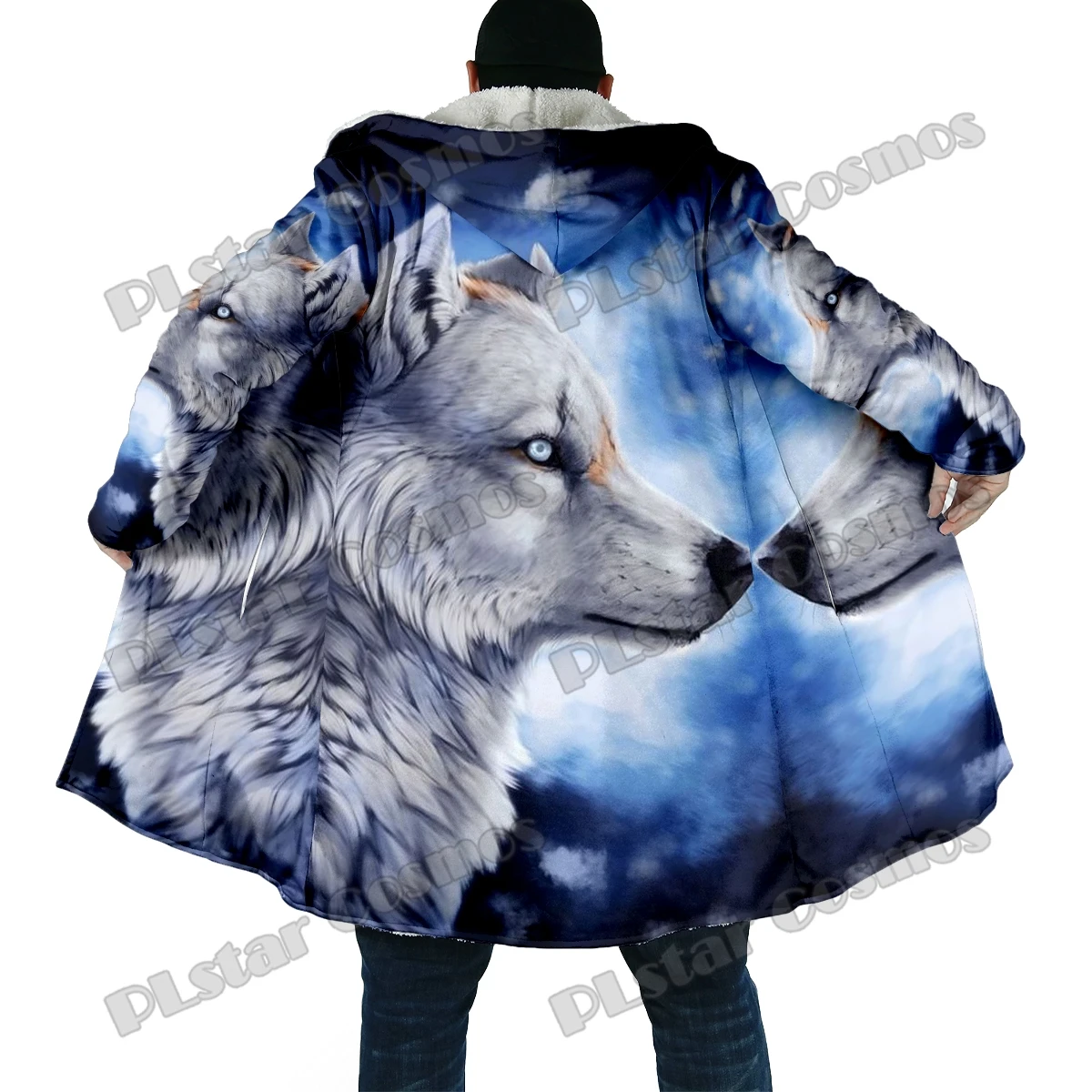 Capa de lana con capucha gruesa estampado 3D lobo y luna - imagen 5