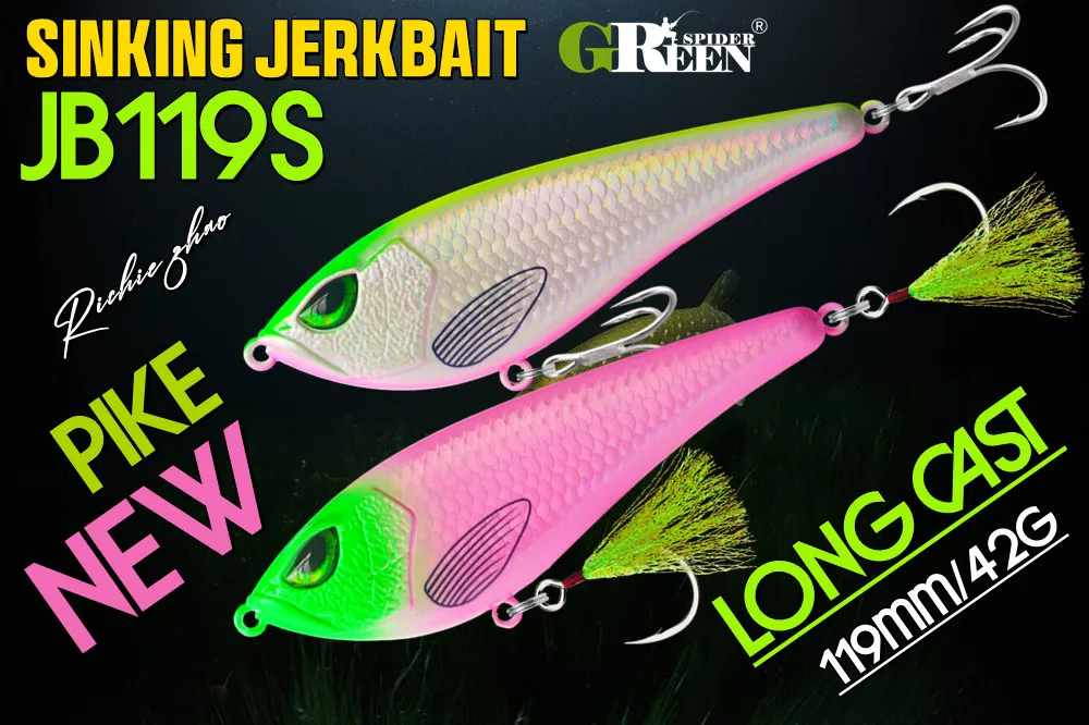 Jerkbait GREENSPIDER 119mm vista lateral con detalles de anzuelos