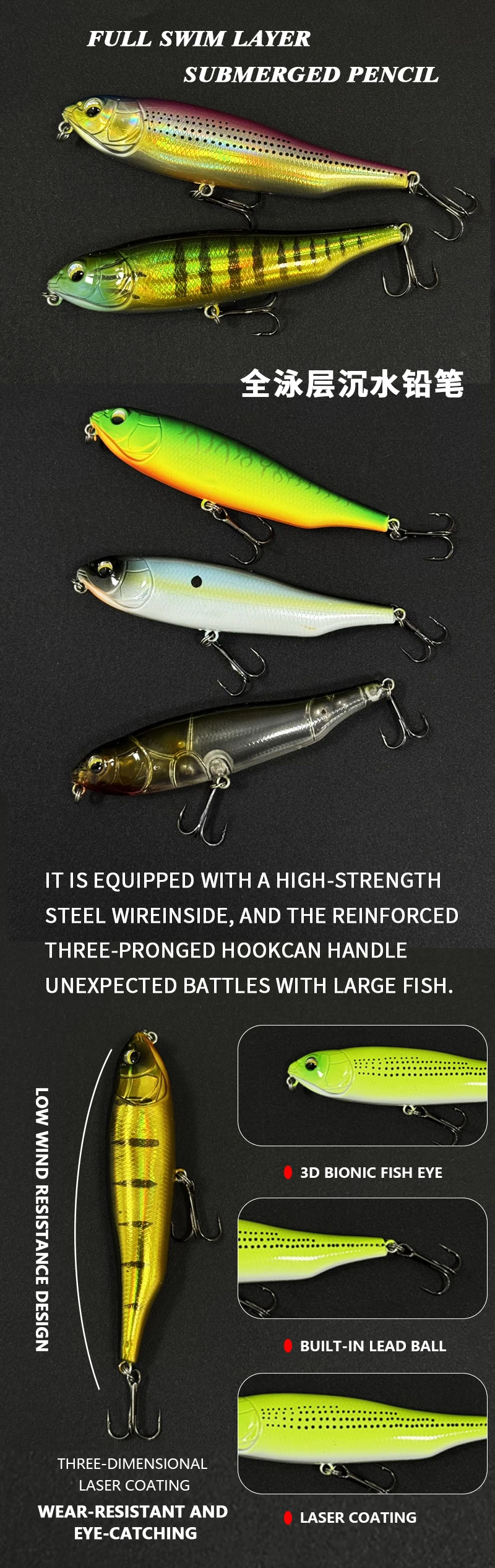 Señuelo de pesca tipo lápiz diseño lateral y superior