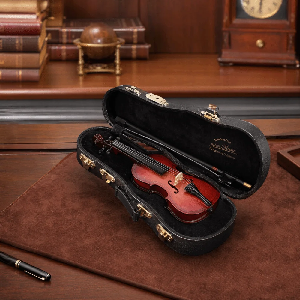Violonchelo en miniatura de madera con estuche y soporte coleccionable - imagen 3