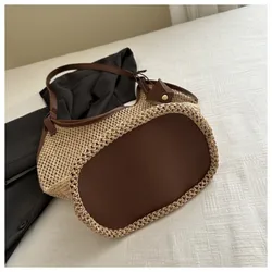 Bolso de hombro de paja tejida con correas de PU y gran capacidad