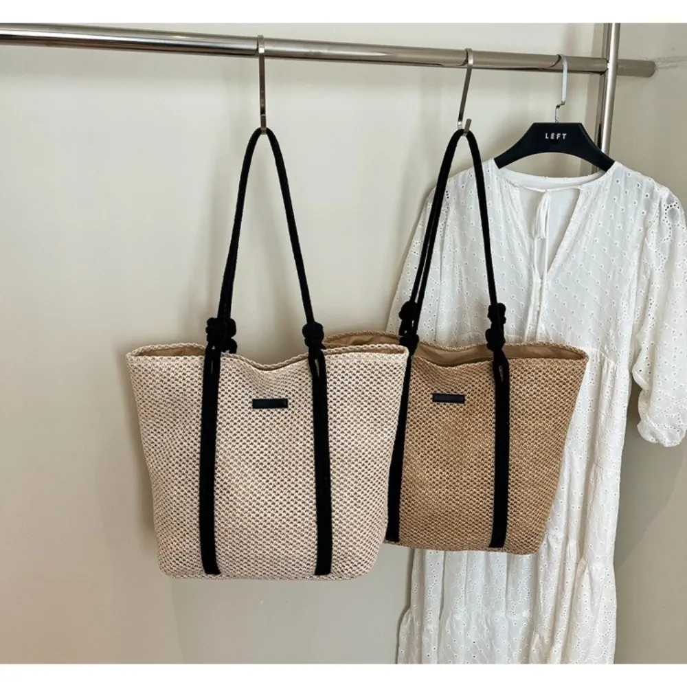 Bolso tote de paja tejido a mano con doble asa y ribete - imagen 4