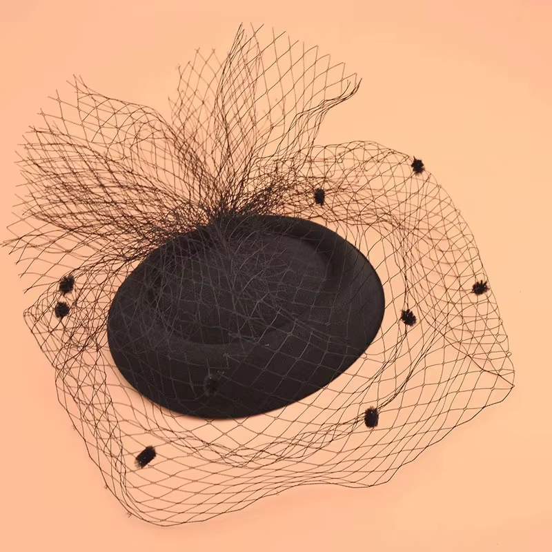 Sombrero de copa pequeño con velo negro retro en lana – Diadema para fiesta - imagen 5
