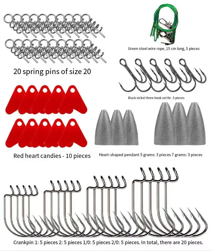 Variedad de cabezas de jig y anzuelos incluidos en el kit