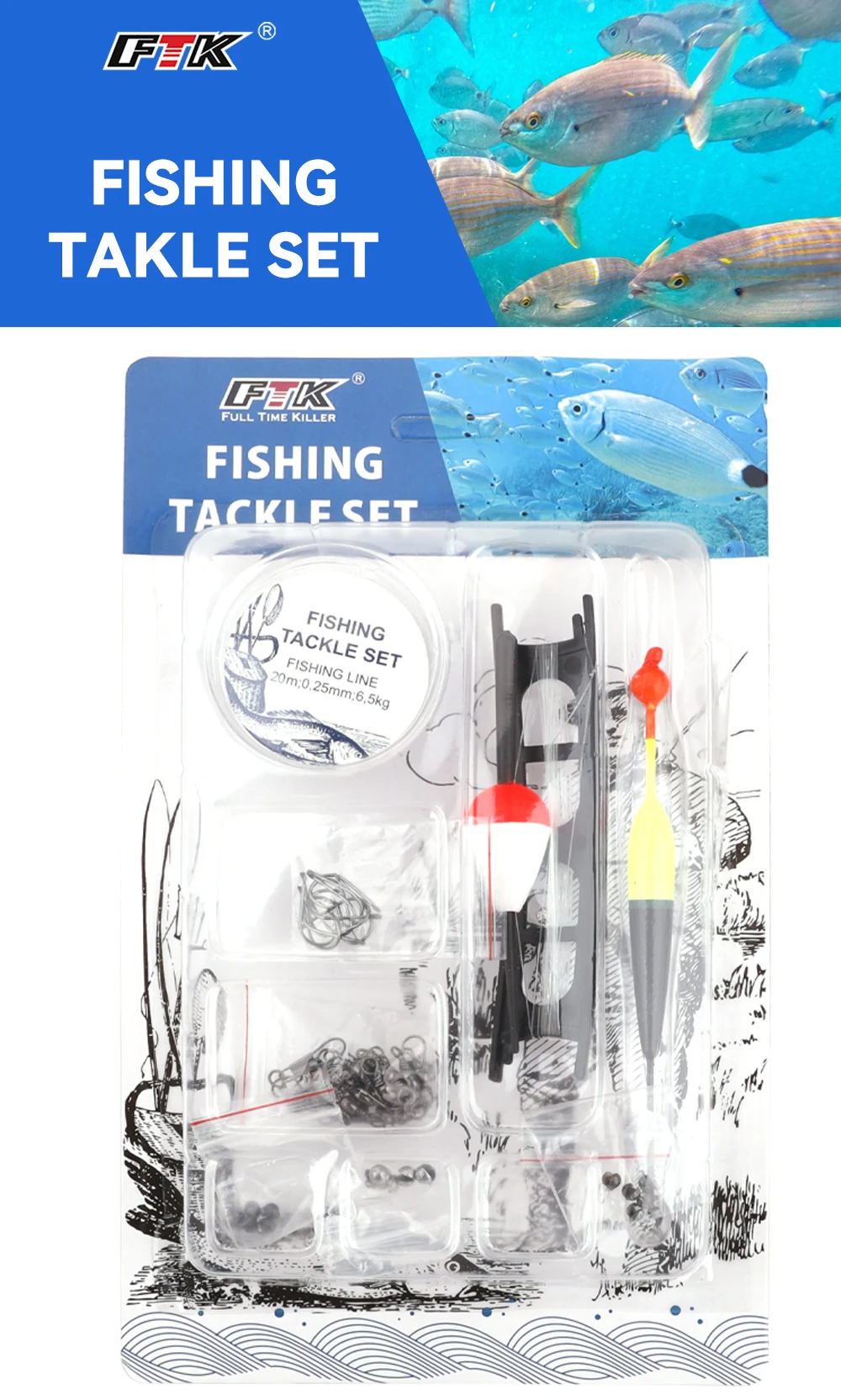 Vista general del kit con componentes de pesca
