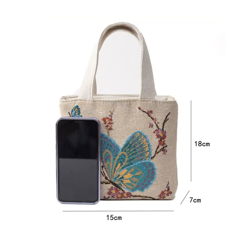 Bolsa de lona reutilizable grande con bordado de gatos y flores - imagen 3