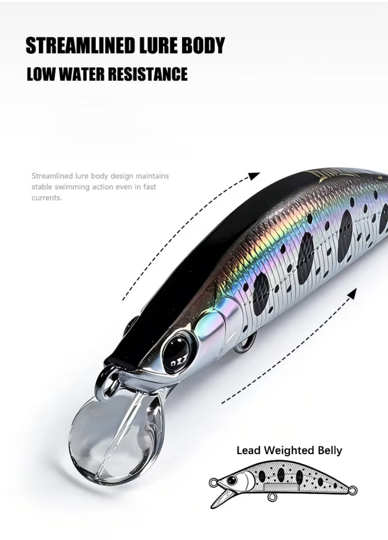 Señuelo minnow de 5g y 5cm en vista lateral mostrando su perfil hidrodinámico