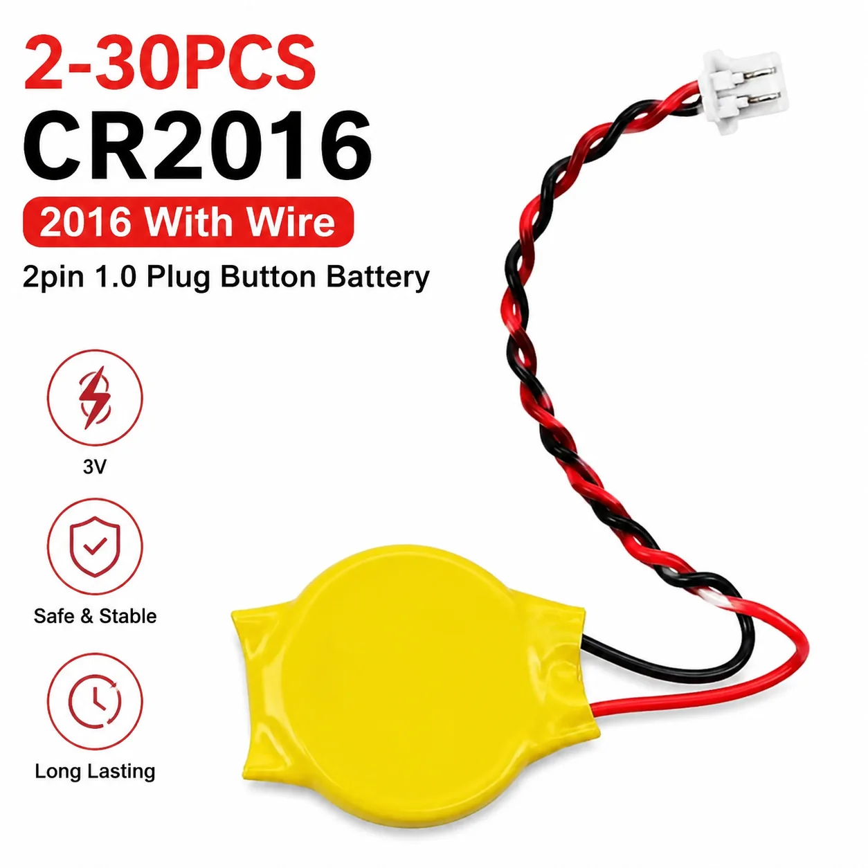 Batería botón CMOS CR2016 de 3V con cable de pines y conector - imagen 2