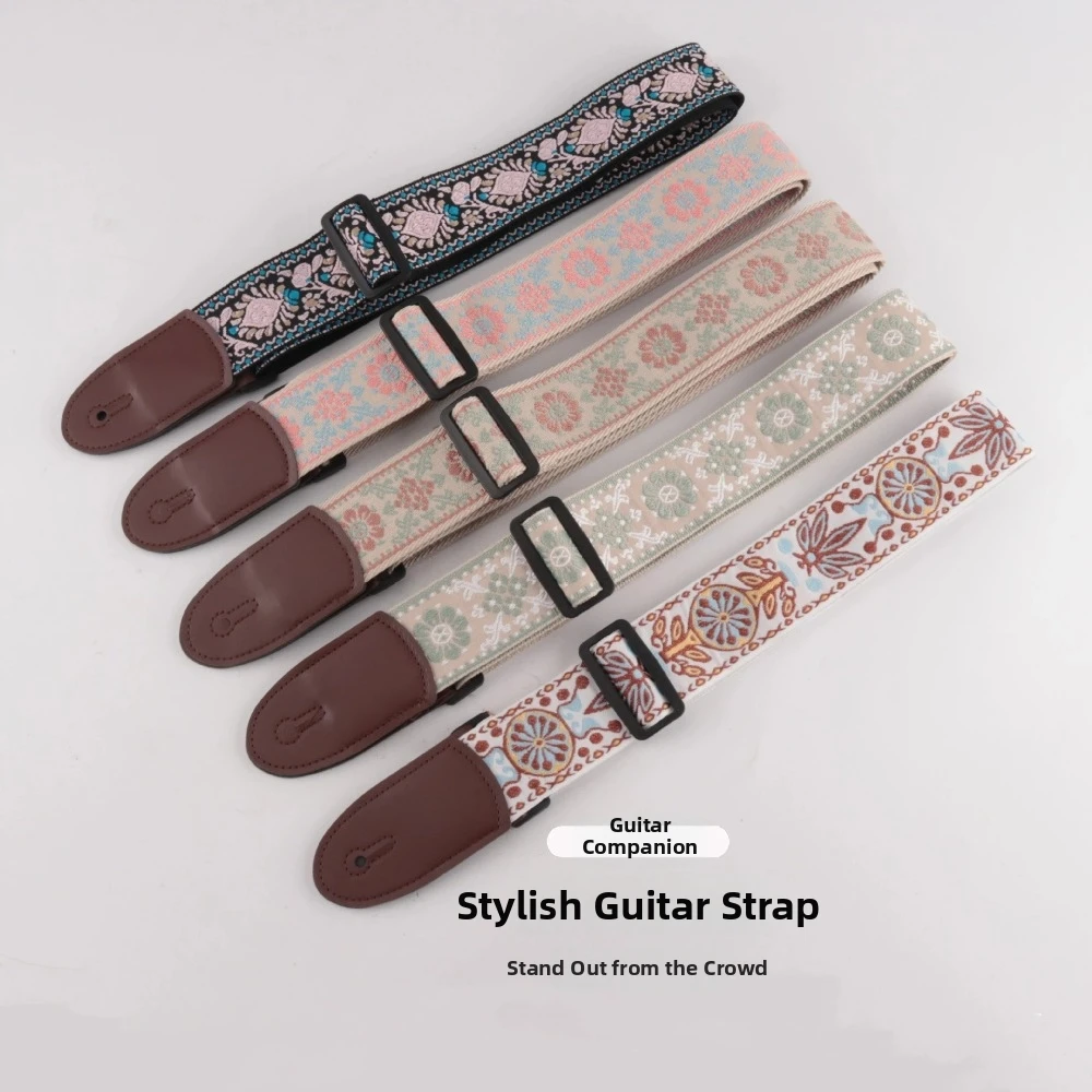Correa de cuero duradera para guitarra, cuello ancha ajustable bordada