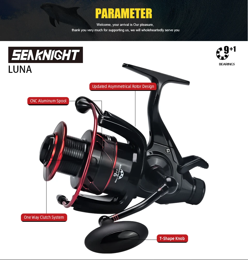 Vista lateral del carrete SeaKnight Baitrunner mostrando el sistema de freno dual