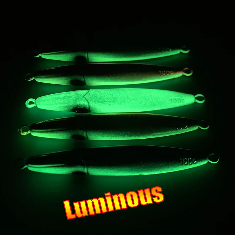 Metal jig fosforescente para lances y pesca de fondo profesional