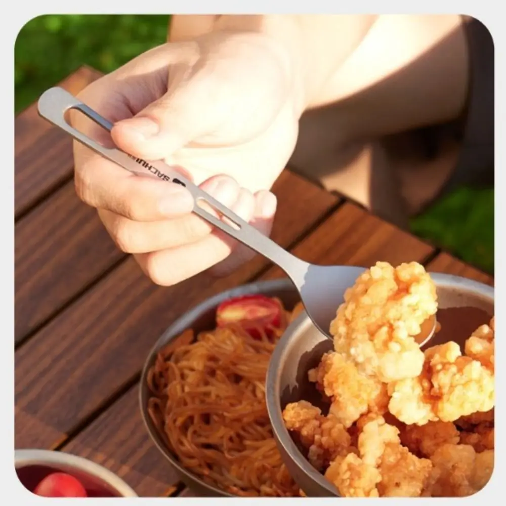 Cuchara y tenedor de titanio plegable con mango largo para camping - imagen 3