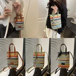 Bolso bandolera de paja bicolor tipo cubo, ligero y espacioso