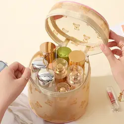 Neceser de viaje grande rosa beige con motivo de oso en malla