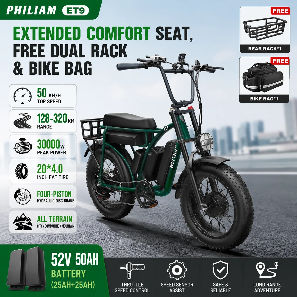 PHILIAM ET9 Bicicleta eléctrica con doble batería y neumáticos