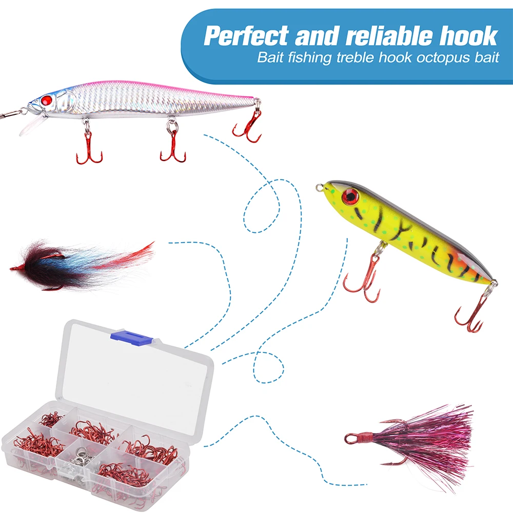 Anzuelos triples rojos acero carbono con anillos divididos para pesca - imagen 3