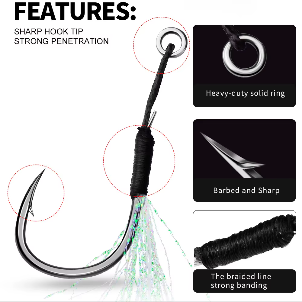 Anzuelos de acero alto carbono con plumas y anilla para jigging - imagen 3