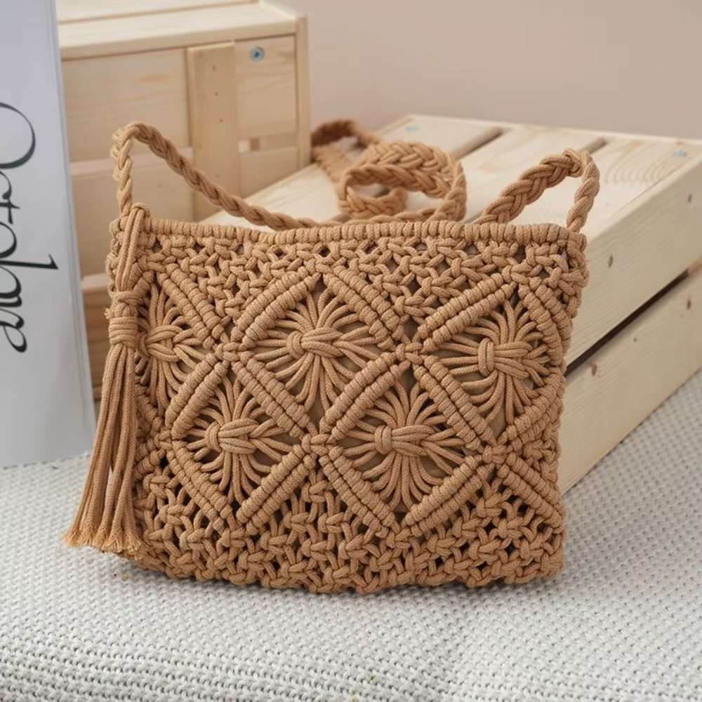 Bolso bandolera retro con borlas tejido calado playa viaje - imagen 5