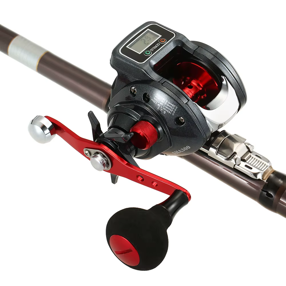 Carrete baitcasting perfil bajo con pantalla digital LED