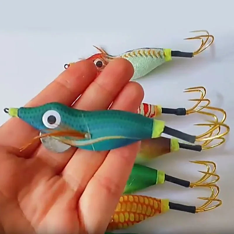 Señuelo tipo plantilla de calamar con ojos 3D y diseño en tonos vivos
