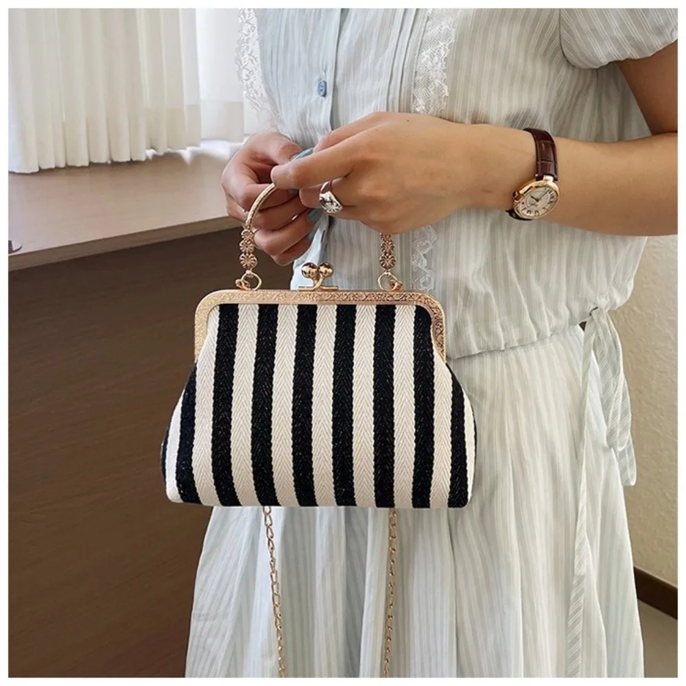 Bolso cruzado vintage a rayas con correa de cadena, gran capacidad