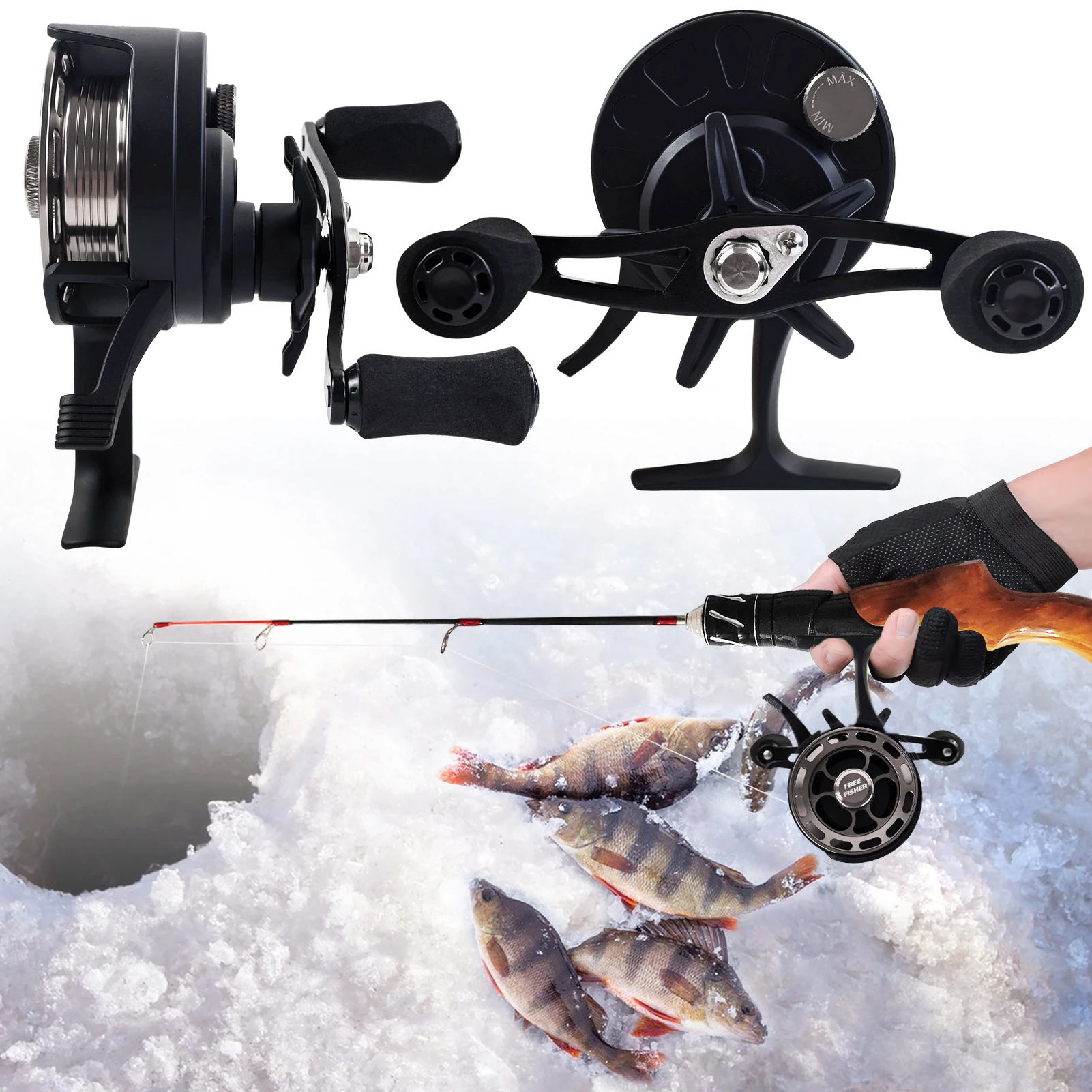 FREE FISHER Caña pesca en hielo con carrete y jig head para vinilo - imagen 3