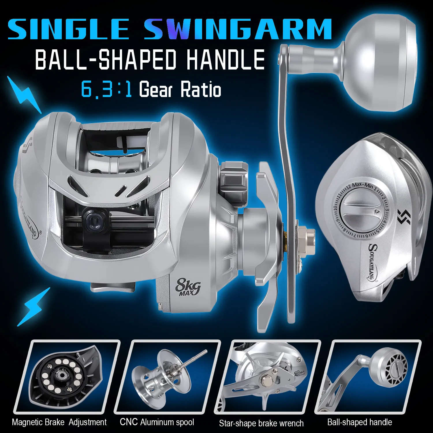 Carrete Baitcasting Sougayilang de Aluminio Ligero – Ideal para Pesca - imagen 2