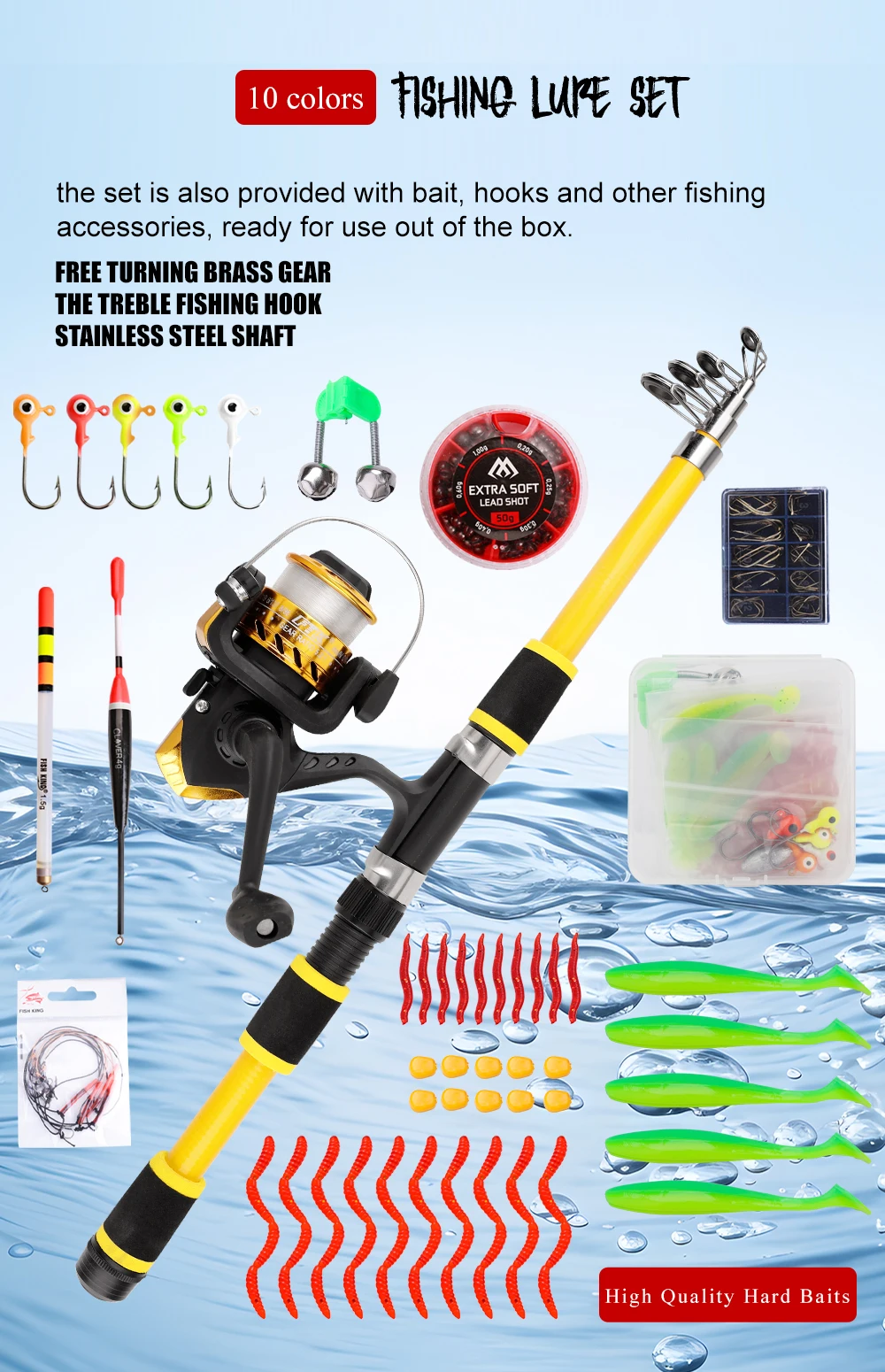 Kit de pesca NGB desplegado con caña telescópica y accesorios