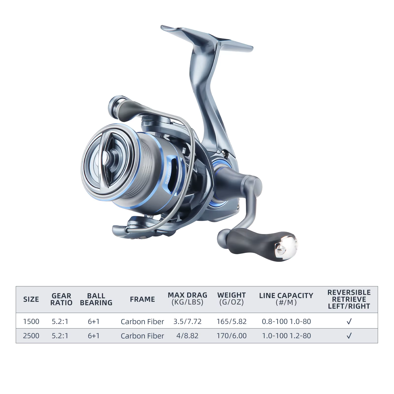 Carrete de pesca giratorio de fibra de carbono SP1500/2500