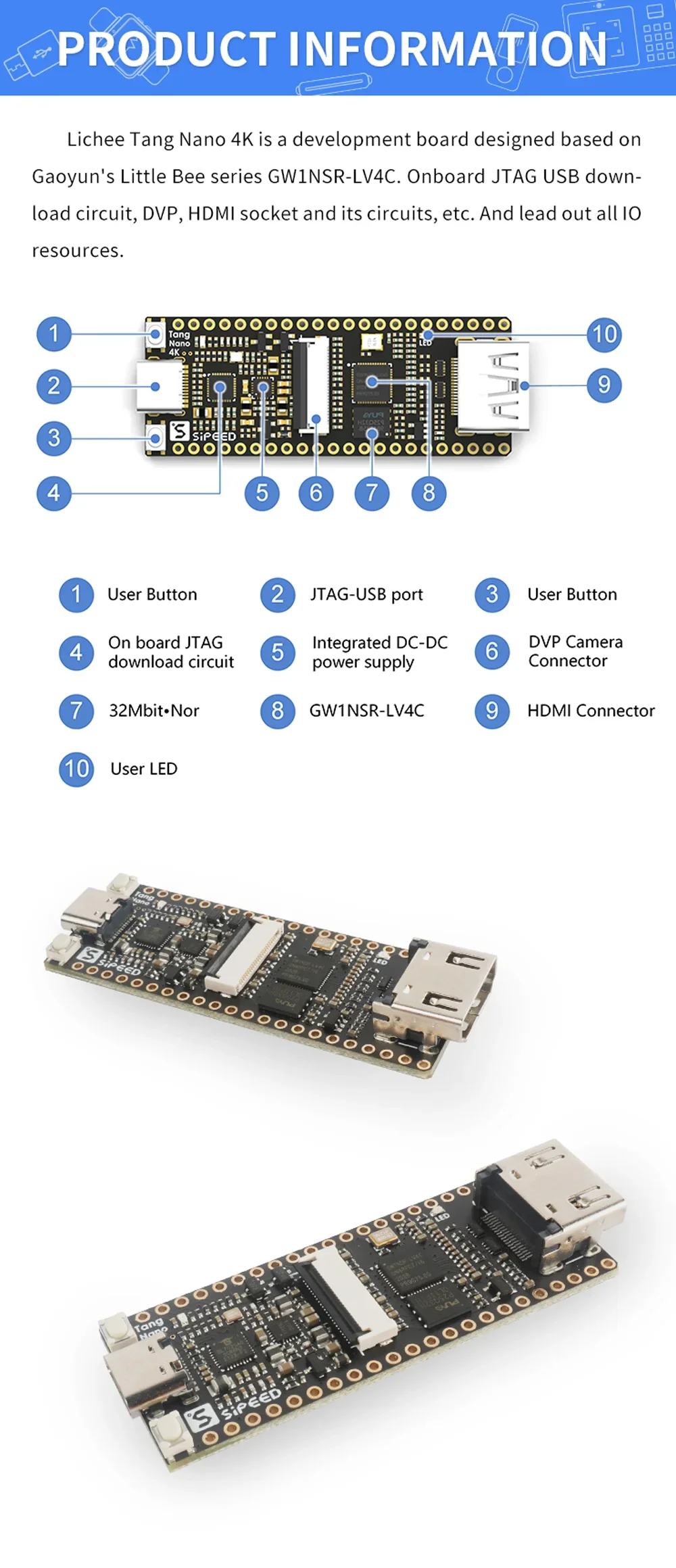 Placa Sipeed Tang Nano 4K con enfoque minimalista