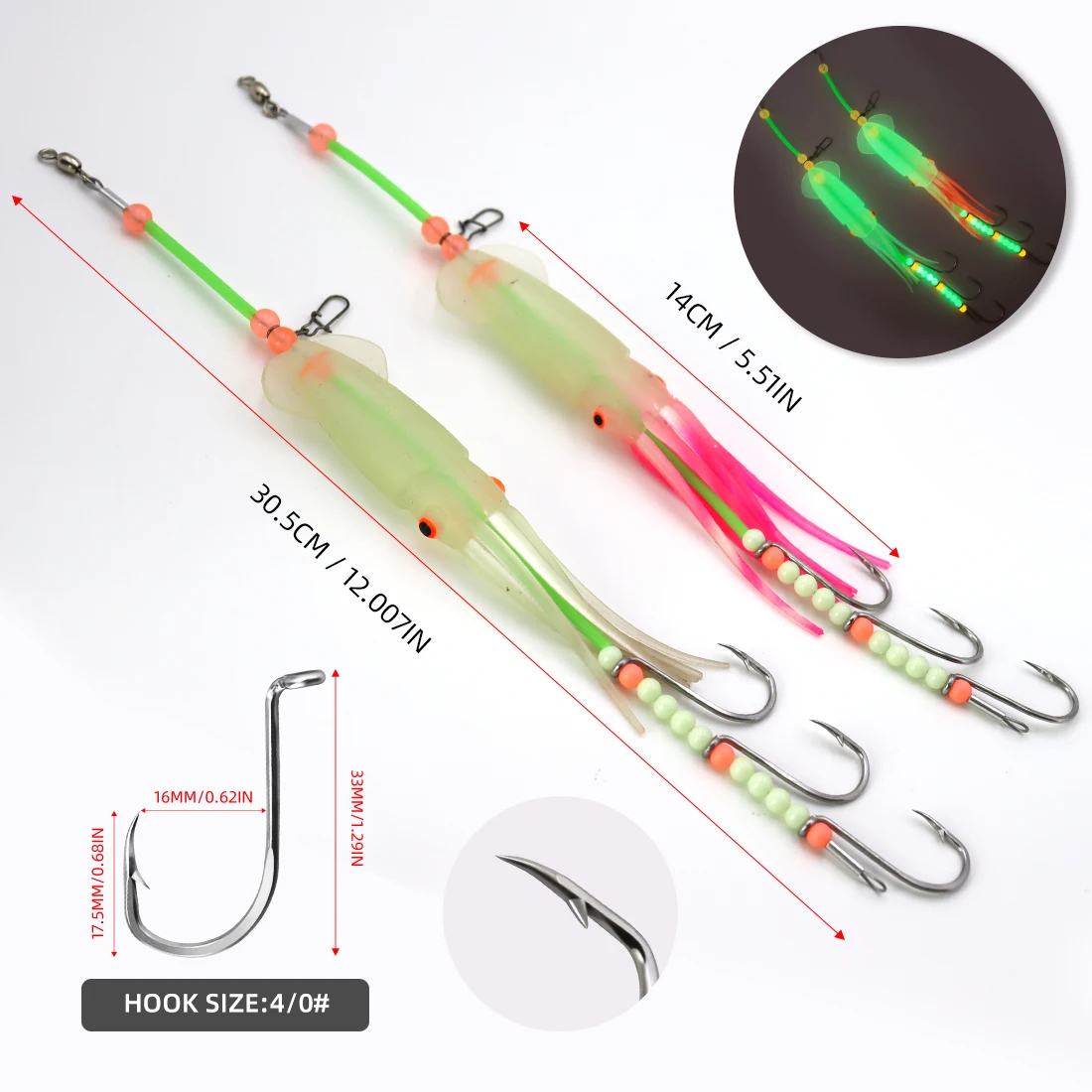 Conjunto de anzuelos y señuelo luminoso para pesca marina