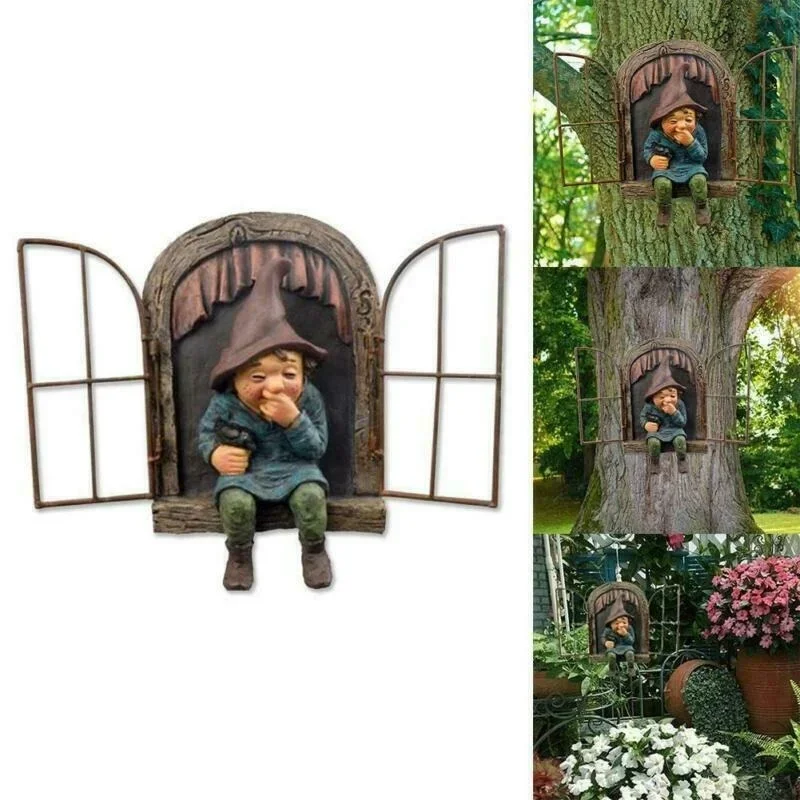 Figura gnomo travieso abrazando árbol – decoración jardín y patio - imagen 4