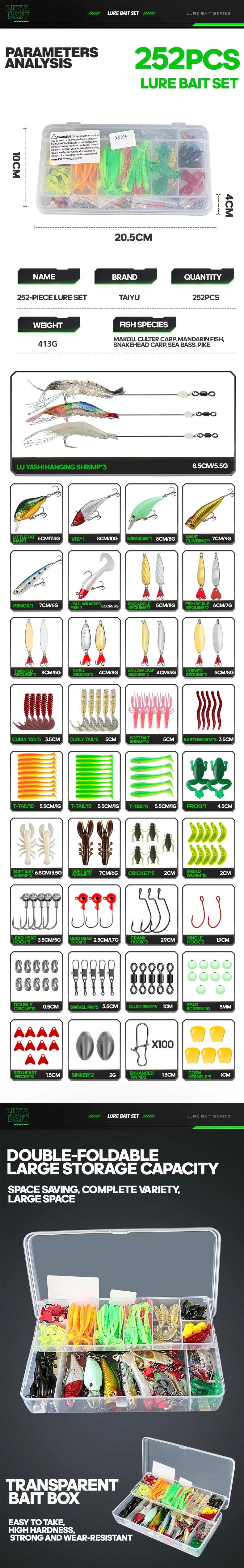 Cebos blandos y duros organizados por compartimentos en el kit de pesca multiseñuelo