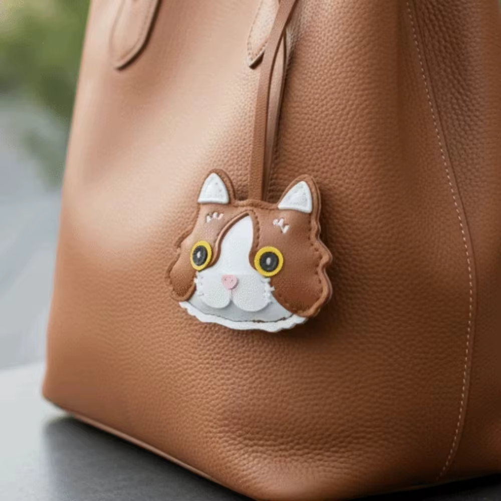 Llavero de cuero estilo gato colgando de un bolso de mano