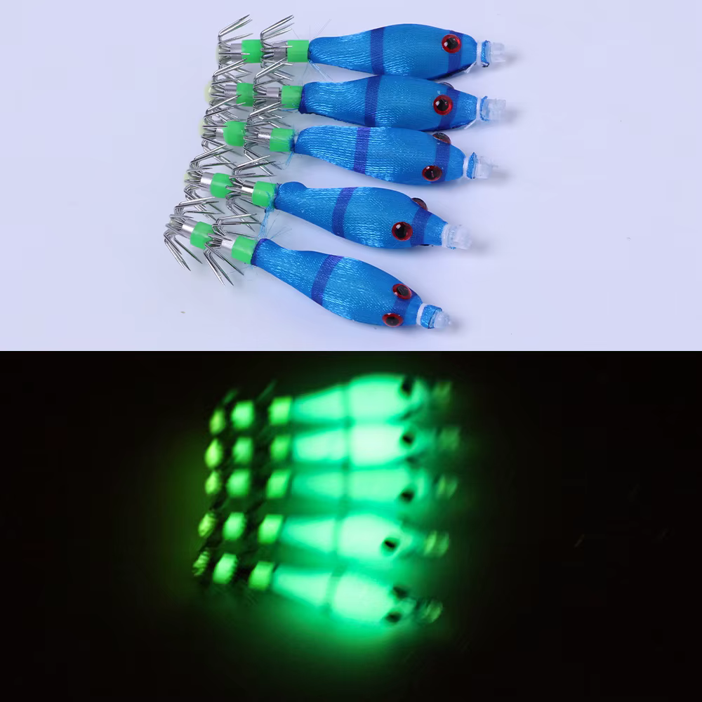 Señuelos de pesca nocturna con brillo UV para calamar y pulpo