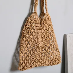 Bolso Tote tejido calado bohemio de paja para playa, gran capacidad