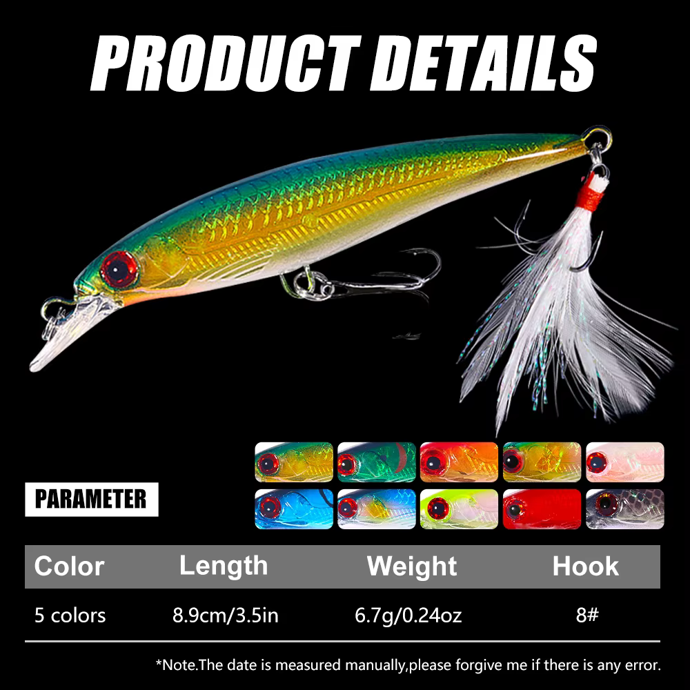HENGJIA Senuelos Minnow Wobbler 9 cm Cebo duro con plumas para carpa - imagen 4