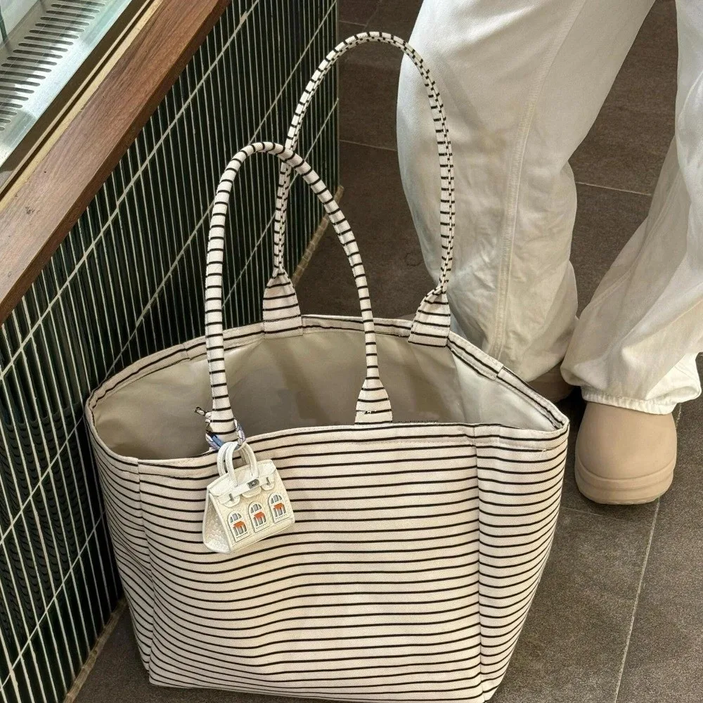 Bolsa de lona a rayas gran capacidad con asa portátil y resistente - imagen 2