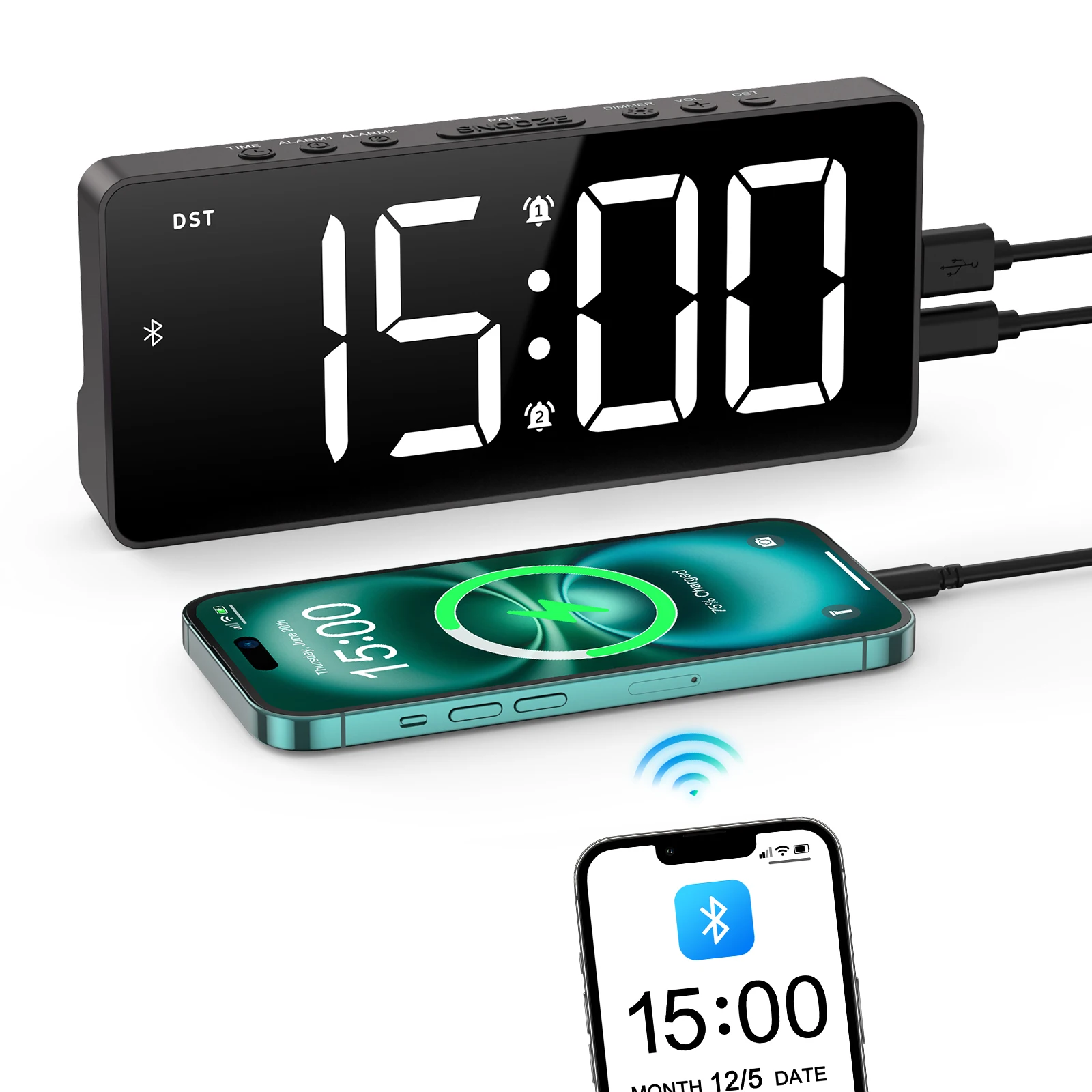 Reloj despertador digital ORIA LED 7" con Bluetooth y sincronización automática - imagen 3