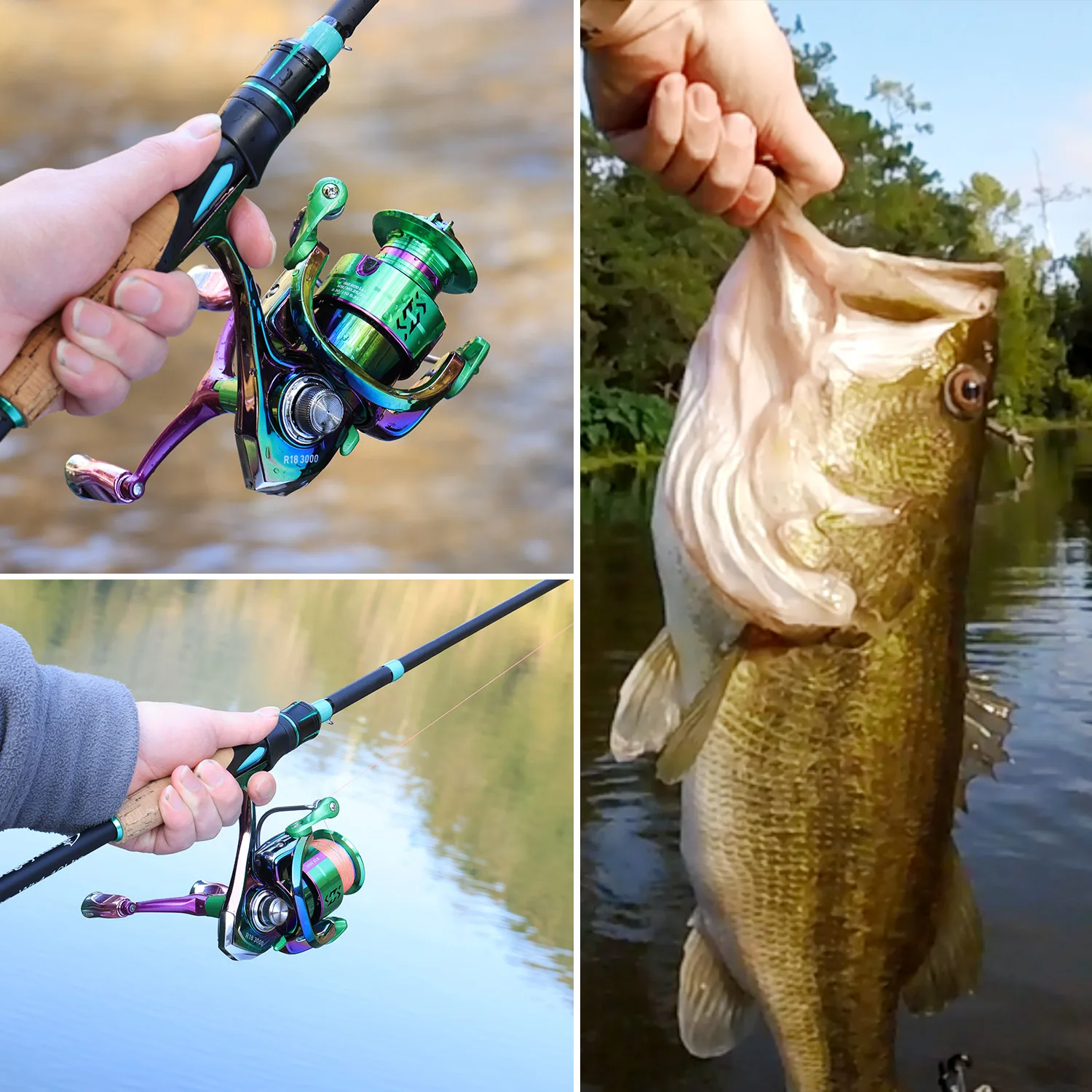 Una persona sostiene una caña de pescar con un pez en el final