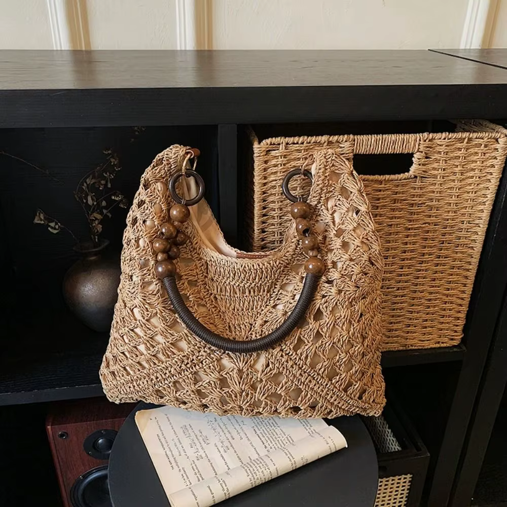 Bolso de Paja Calado Bohemio Tipo Cubo – Gran Capacidad para Playa - imagen 5
