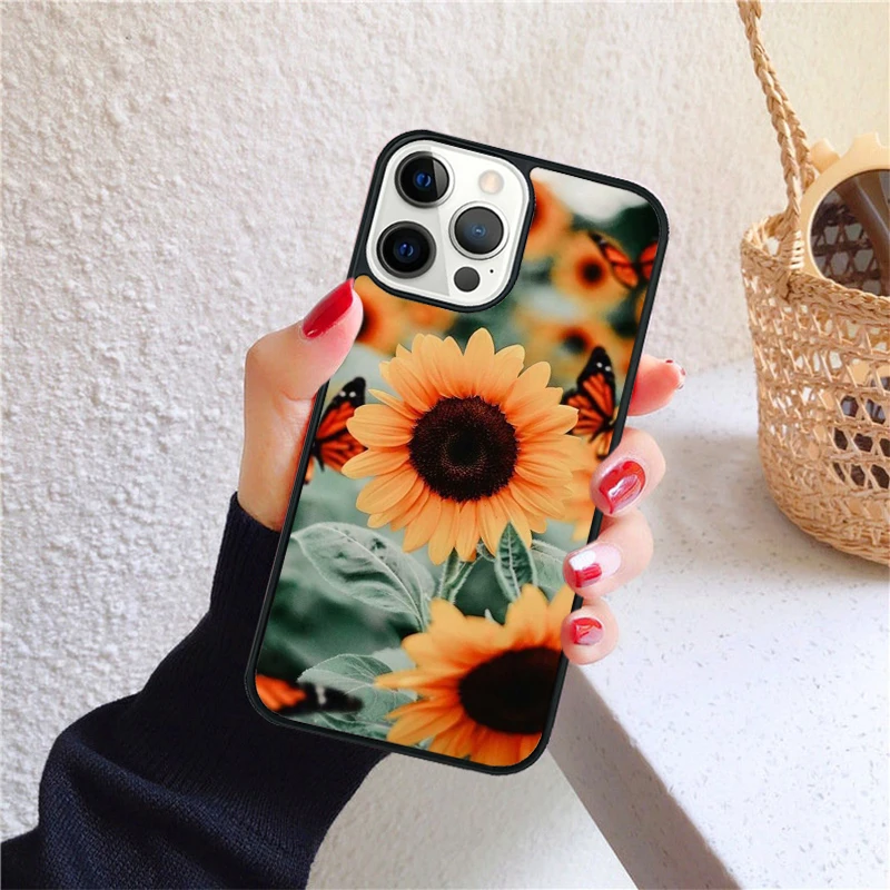Vista frontal de la funda con diseño de girasol