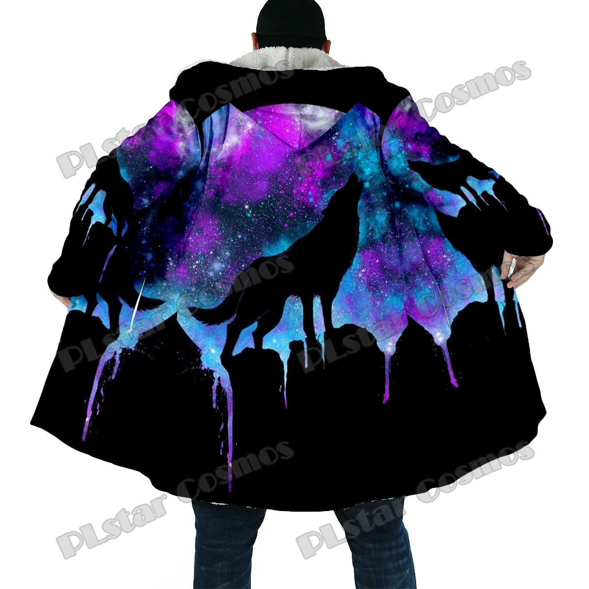 Capa de lana con capucha gruesa estampado 3D lobo y luna - imagen 3
