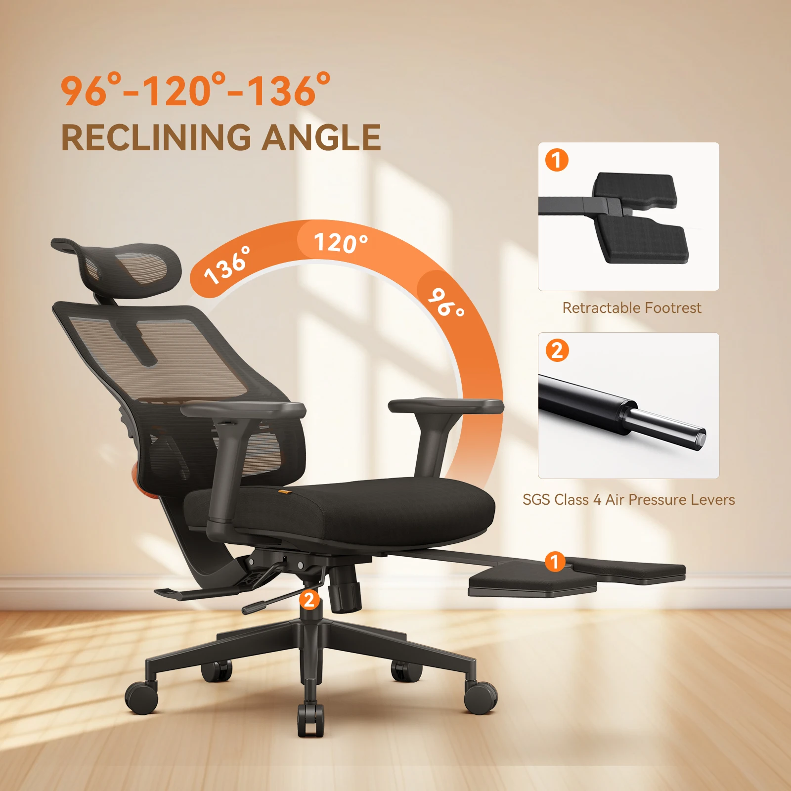 Silla ergonómica con reposapiés MagicH-BP – lumbar adaptativo ajustable