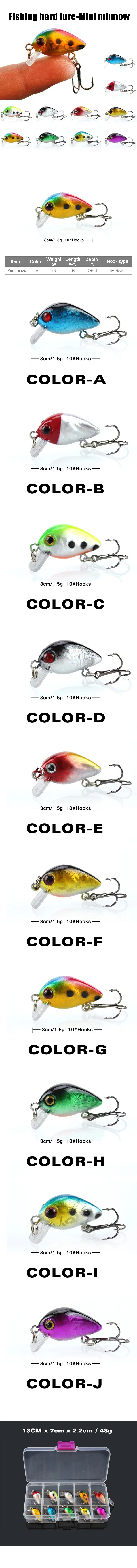 Pack de 10 mini crankbaits WEIHE de 3cm en caja de aparejos