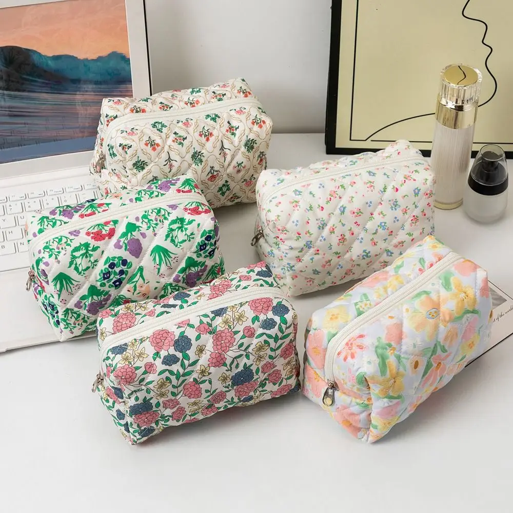 Bolsa de cosméticos acolchada de algodón con estampado floral kawaii - imagen 2