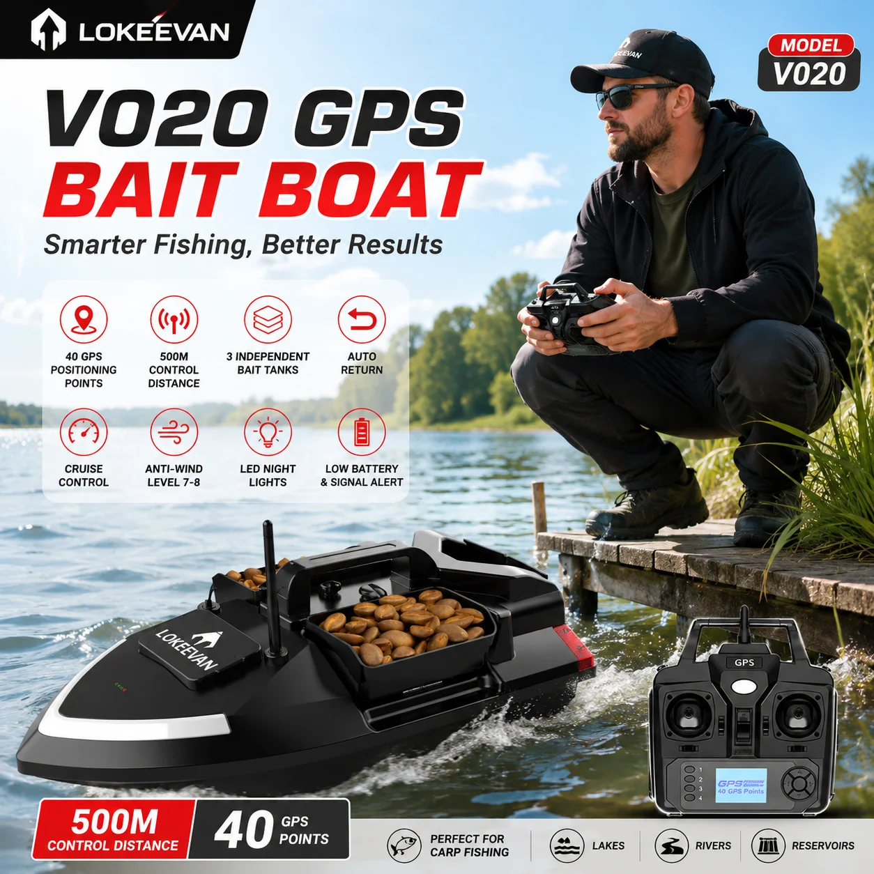 LOKEEVAN V020 Barco cebador con GPS para carpas – Control y retorno - imagen 4